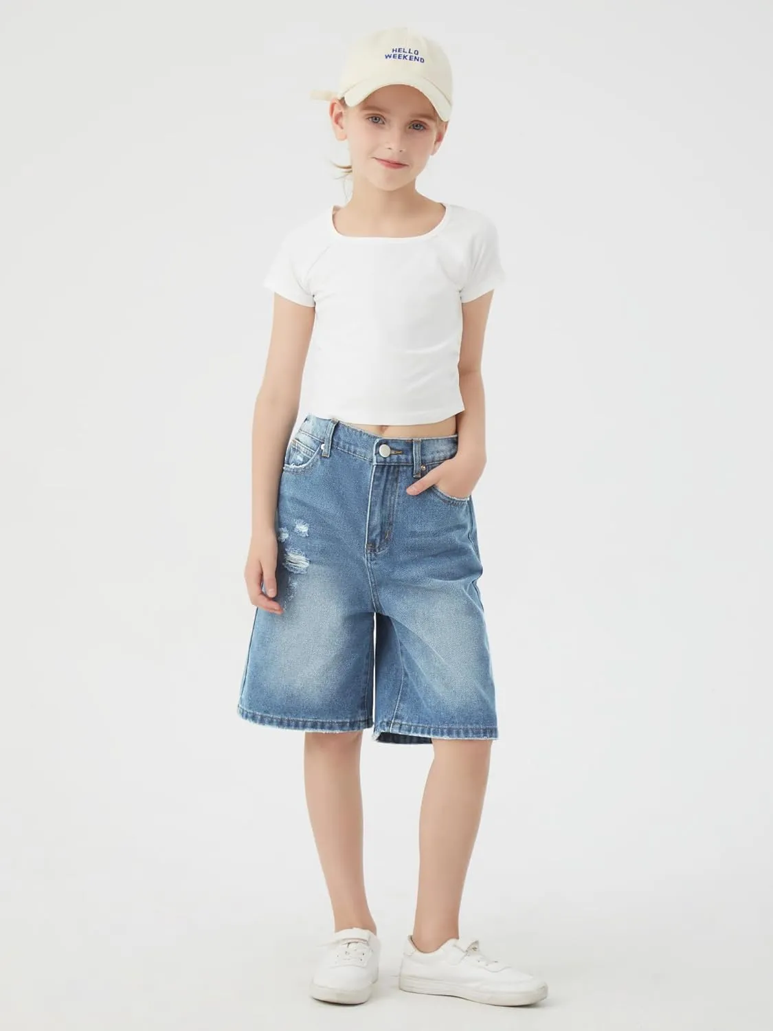 Girls Jeans Shorts Ripped Denim Bermuda Elastic Waist Bottom Trendy Cotton Summer Clothes for Kids