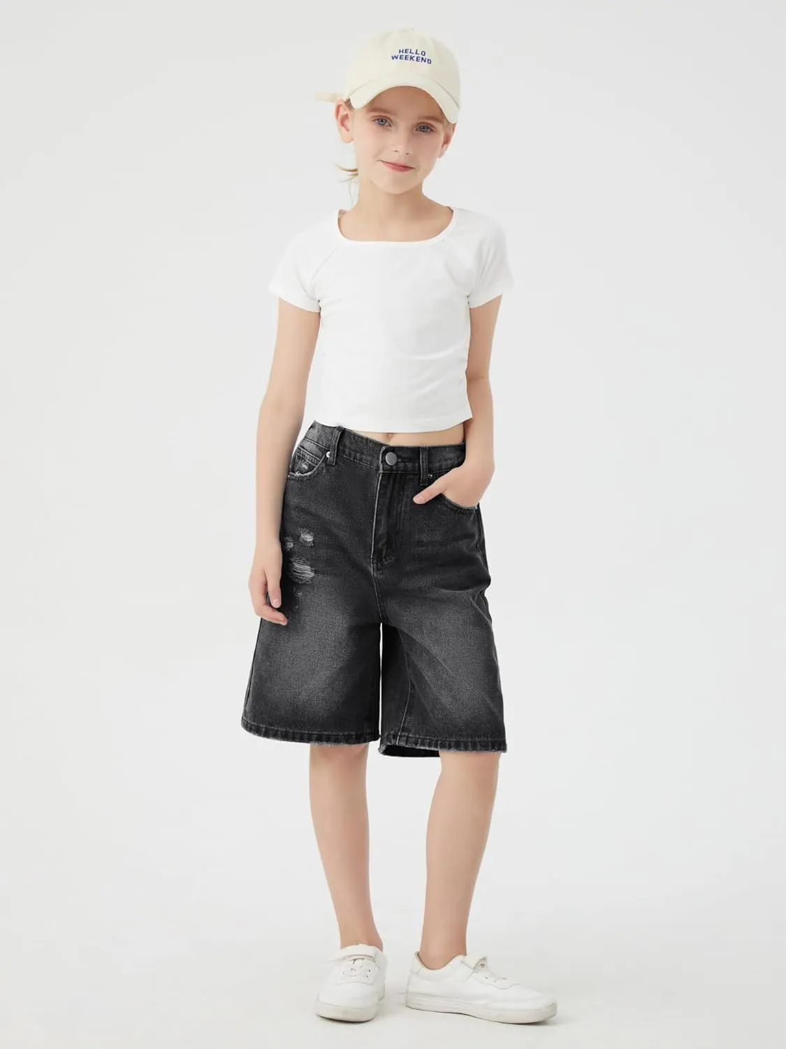 Girls Jeans Shorts Ripped Denim Bermuda Elastic Waist Bottom Trendy Cotton Summer Clothes for Kids