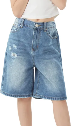 Girls Jeans Shorts Ripped Denim Bermuda Elastic Waist Bottom Trendy Cotton Summer Clothes for Kids