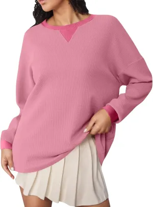 GOFULY Women'S Crewneck Sweatshirts Lightweight Waffle Knit Shirts Long Sleeve Fall Pullover Ribbed Color Block Sweatshirt