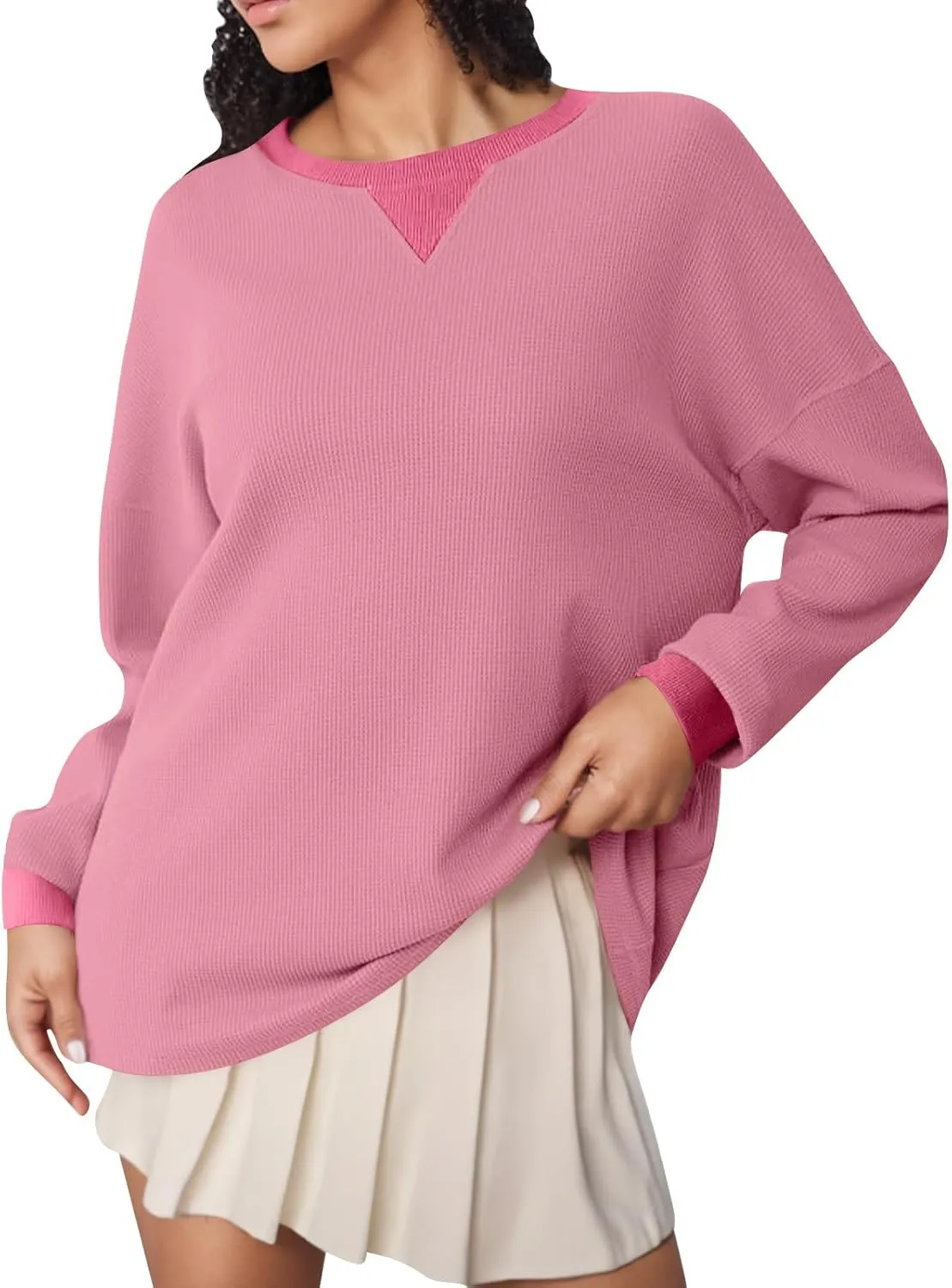 GOFULY Women'S Crewneck Sweatshirts Lightweight Waffle Knit Shirts Long Sleeve Fall Pullover Ribbed Color Block Sweatshirt