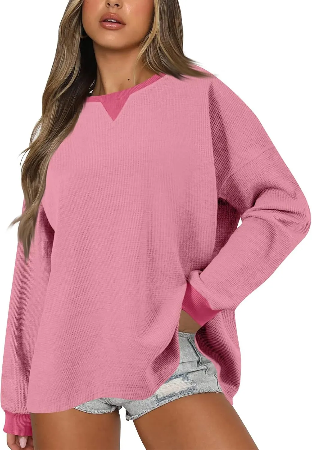 GOFULY Women'S Crewneck Sweatshirts Lightweight Waffle Knit Shirts Long Sleeve Fall Pullover Ribbed Color Block Sweatshirt