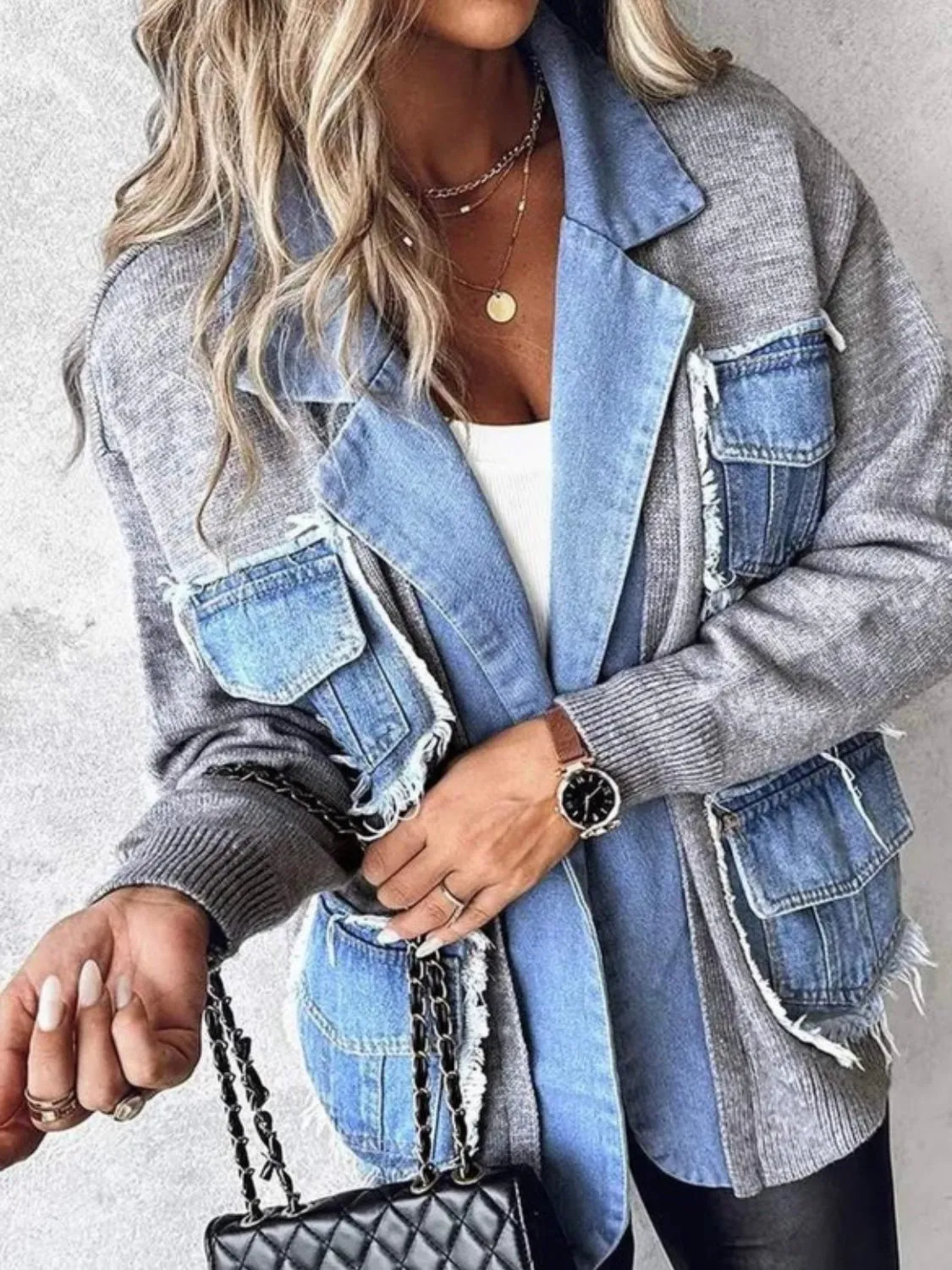 Gray and mid blue denim patchwork details jacket