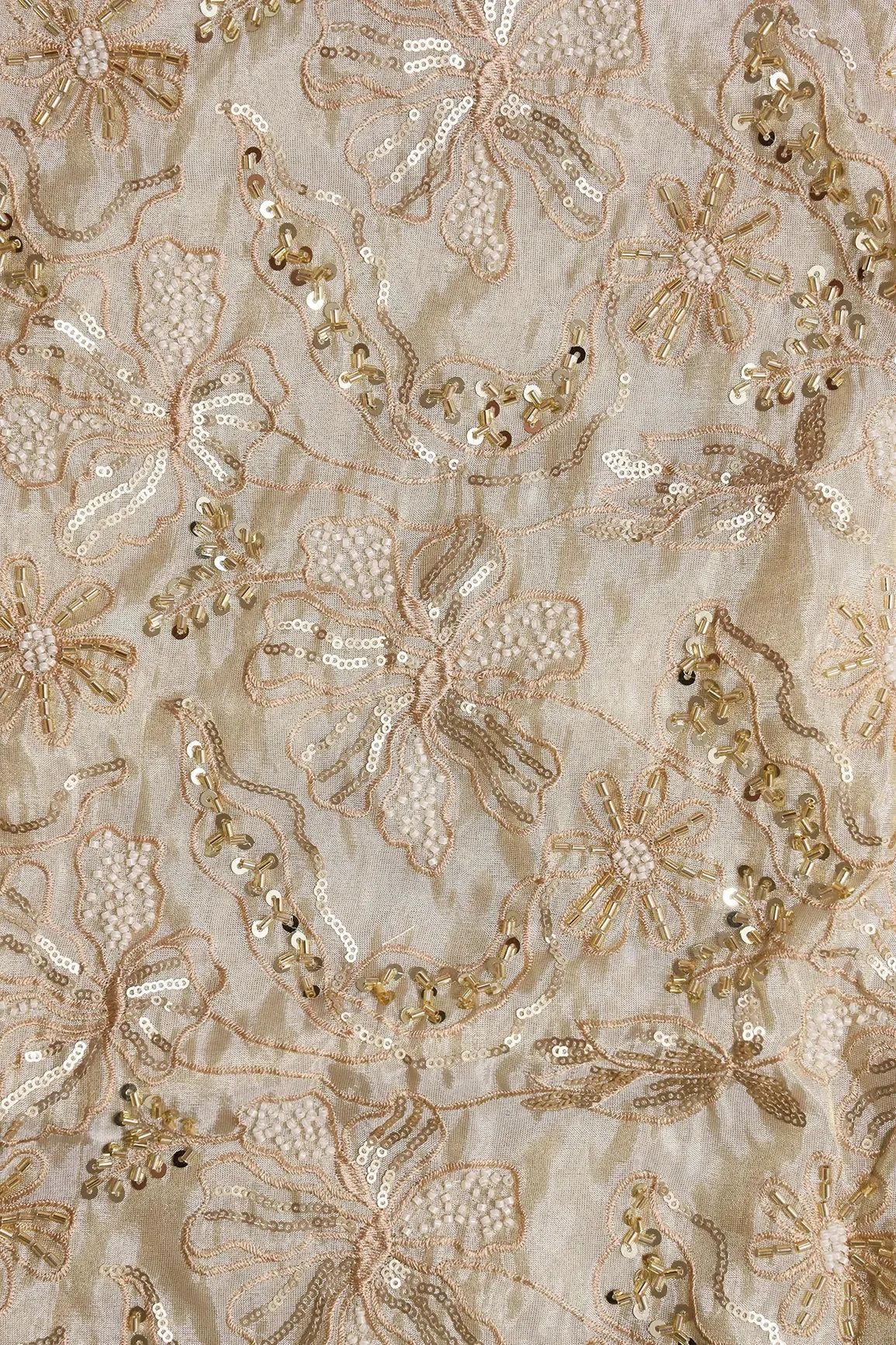 Heavy Gold Sequins With Beads And Beige Thread Floral Embroidery On Dyeable Viscose Zari Tissue Fabric