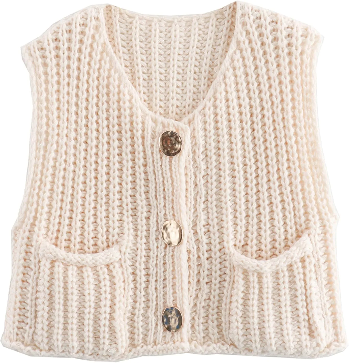 Hixiaohe Womens Crochet Chunky Knit Top Sleeveless Button Down Crop Tops Trendy Cardigan Sweater Vest for Women with Pockets