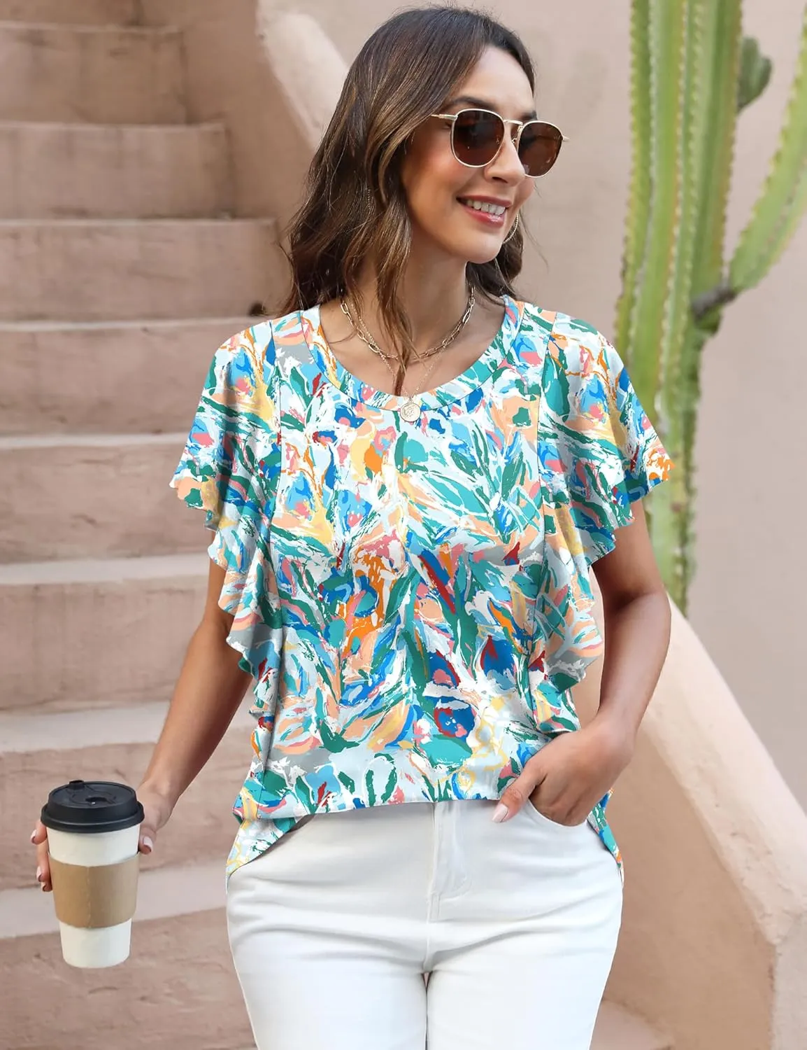 IECCP Women's Summer Tops Ruffle Short Sleeve T-Shirts Casual Crewneck Blouses