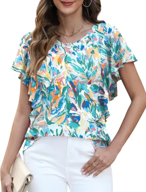 IECCP Women's Summer Tops Ruffle Short Sleeve T-Shirts Casual Crewneck Blouses