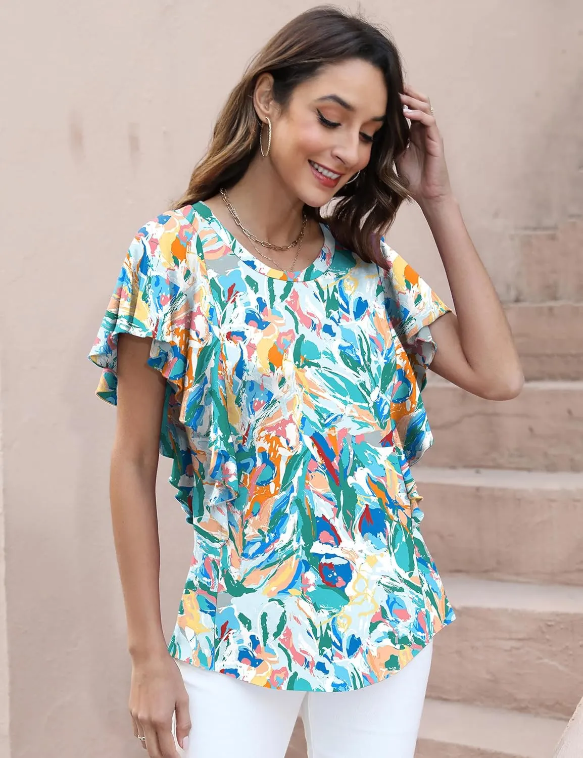 IECCP Women's Summer Tops Ruffle Short Sleeve T-Shirts Casual Crewneck Blouses