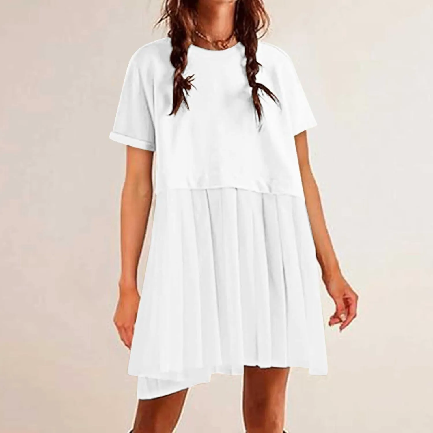 jsaierl Womens Summer Dress Oversized Pleated Short Dress Cute Sweet Mini Dress Comfy Loose Beach Dress Sun Dress 2025