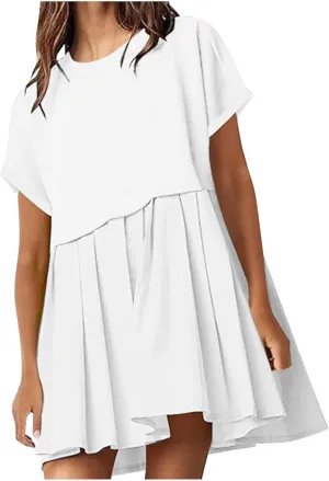 jsaierl Womens Summer Dress Oversized Pleated Short Dress Cute Sweet Mini Dress Comfy Loose Beach Dress Sun Dress 2025