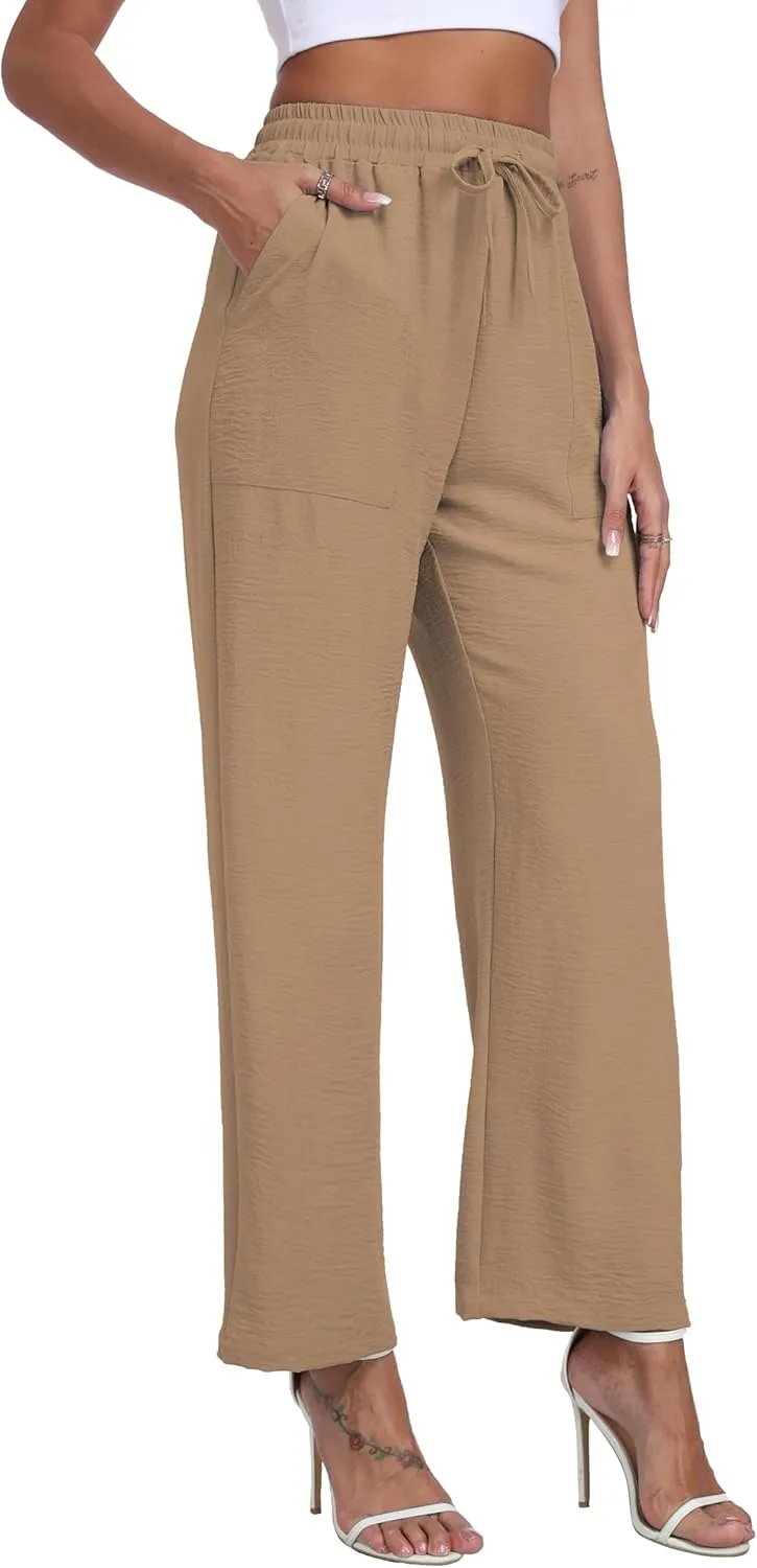 LIGHTBACK Women's Wide Leg Palazzo Pants with Pockets Loose Casual Lounge Pants Comfy Drawstring Work Trousers
