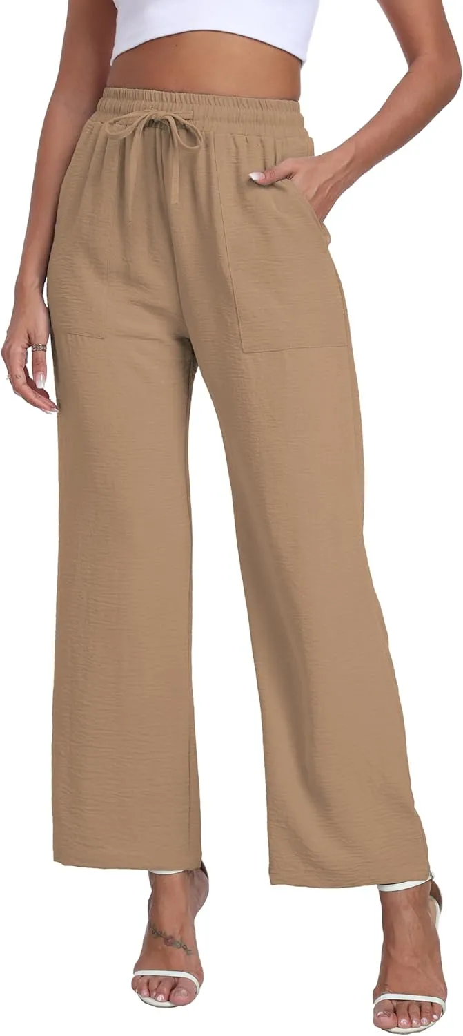 LIGHTBACK Women's Wide Leg Palazzo Pants with Pockets Loose Casual Lounge Pants Comfy Drawstring Work Trousers