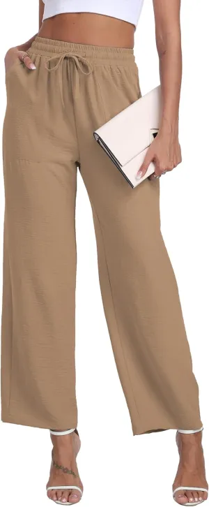LIGHTBACK Women's Wide Leg Palazzo Pants with Pockets Loose Casual Lounge Pants Comfy Drawstring Work Trousers