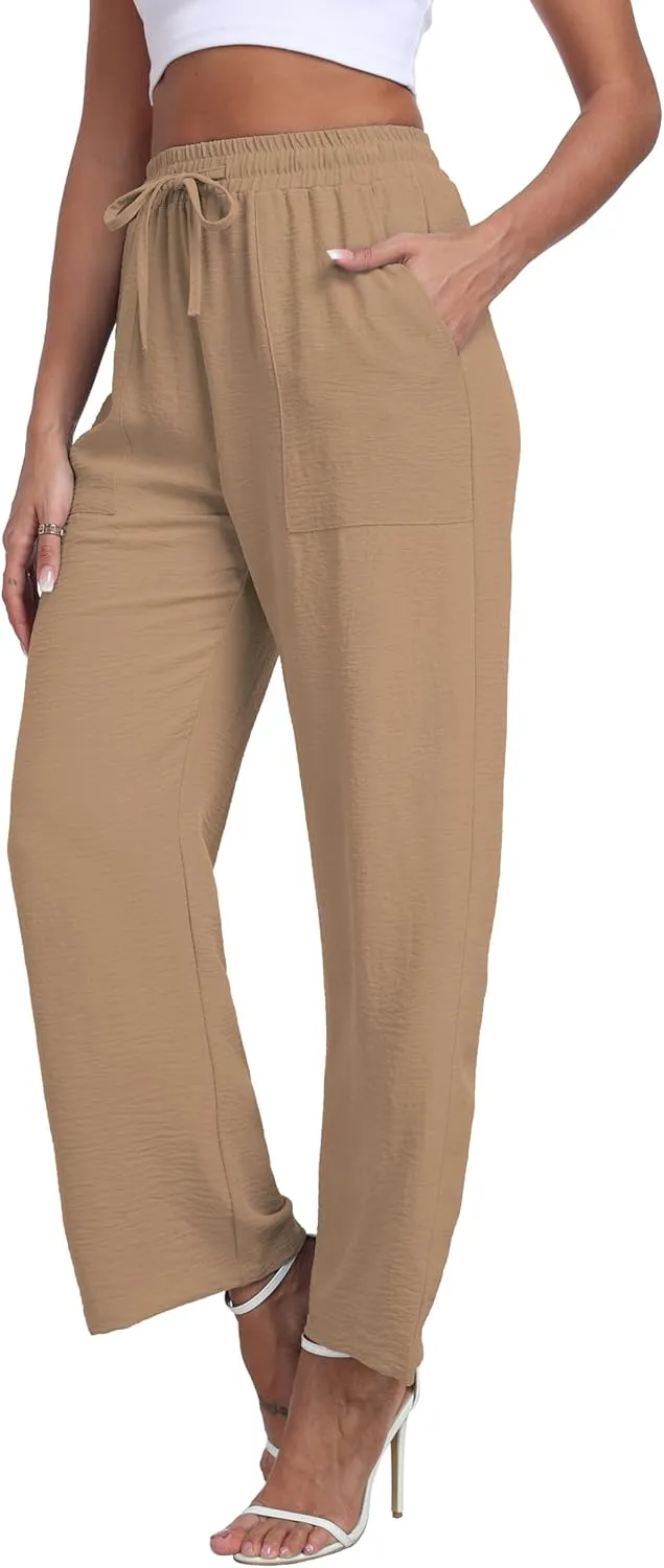 LIGHTBACK Women's Wide Leg Palazzo Pants with Pockets Loose Casual Lounge Pants Comfy Drawstring Work Trousers