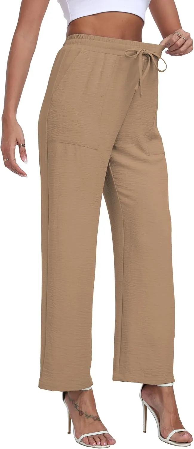 LIGHTBACK Women's Wide Leg Palazzo Pants with Pockets Loose Casual Lounge Pants Comfy Drawstring Work Trousers