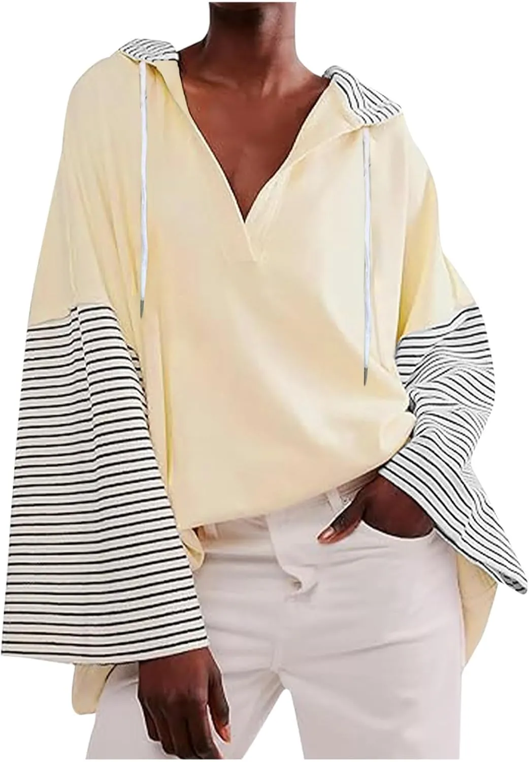 Lightweight Hoodie Sweatshirts For Women 2024 Casual Long Sleeve v Neck Pullover Tops Color Block Oversized Sweatshirt