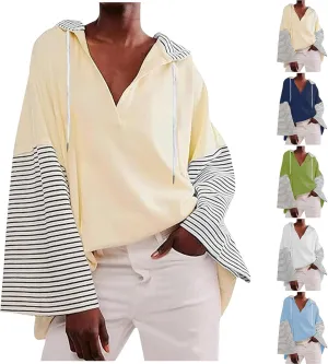 Lightweight Hoodie Sweatshirts For Women 2024 Casual Long Sleeve v Neck Pullover Tops Color Block Oversized Sweatshirt
