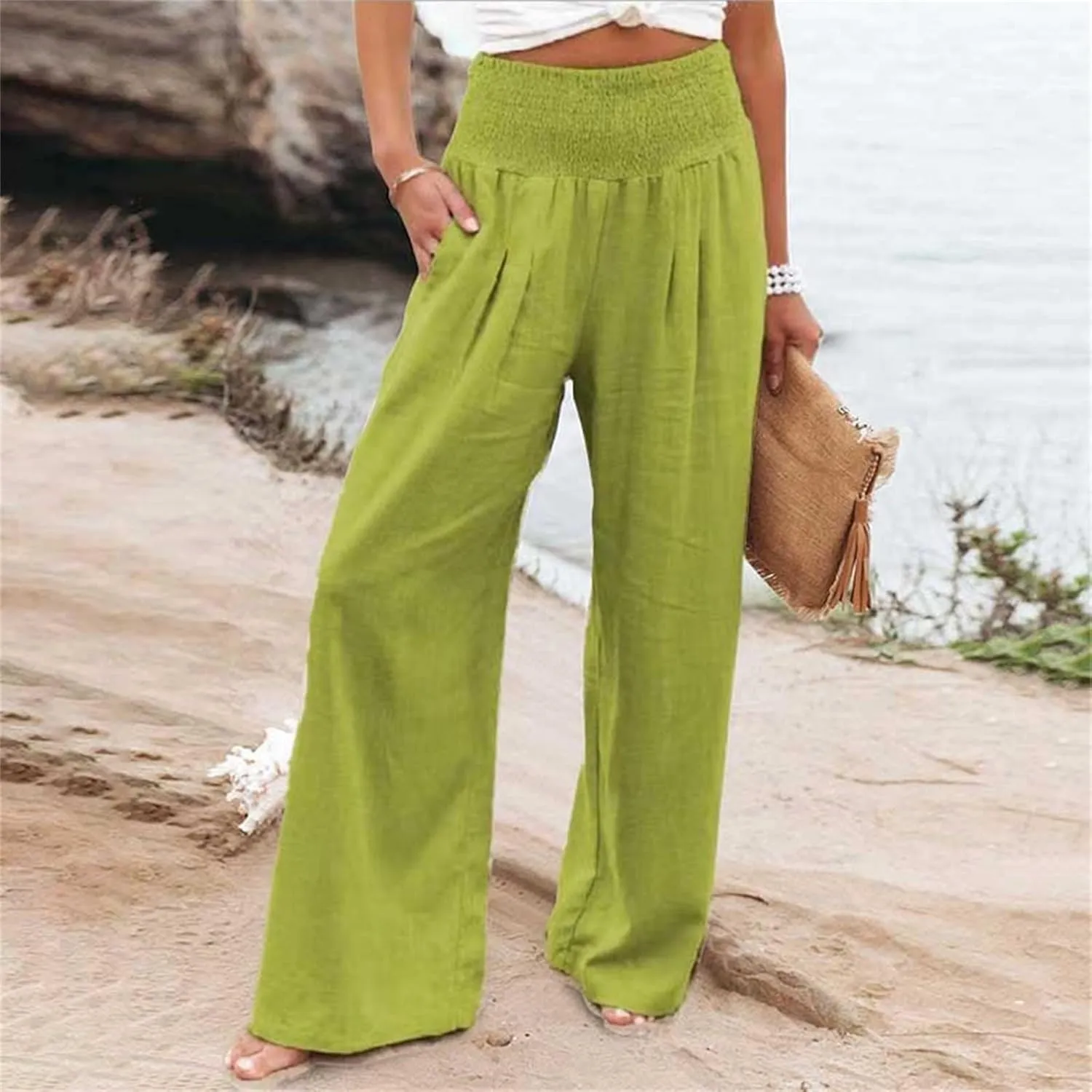Linen Pants Women Summer Baggy Wide Leg High Waisted Palazzo Pants Plus Size Casual Lounge Comfy Flowy Beach Trousers