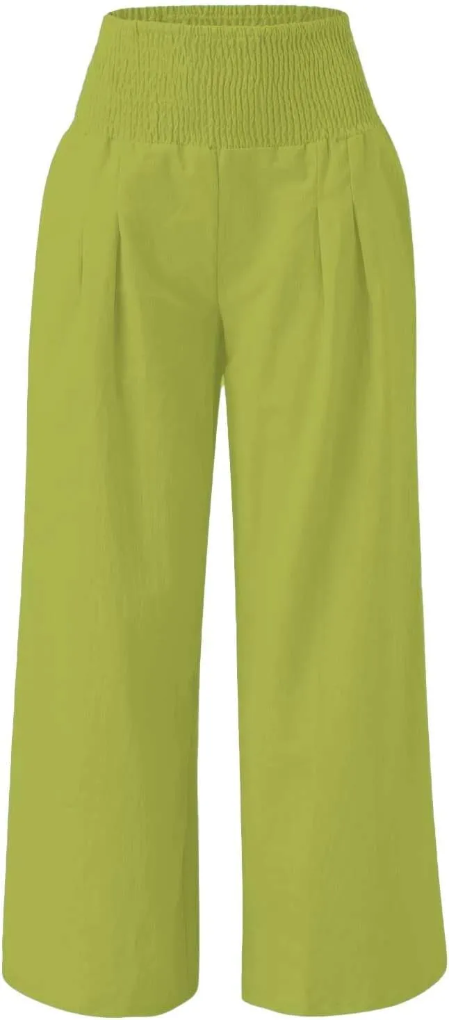 Linen Pants Women Summer Baggy Wide Leg High Waisted Palazzo Pants Plus Size Casual Lounge Comfy Flowy Beach Trousers