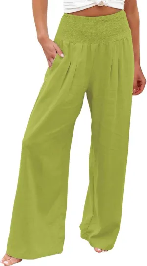 Linen Pants Women Summer Baggy Wide Leg High Waisted Palazzo Pants Plus Size Casual Lounge Comfy Flowy Beach Trousers