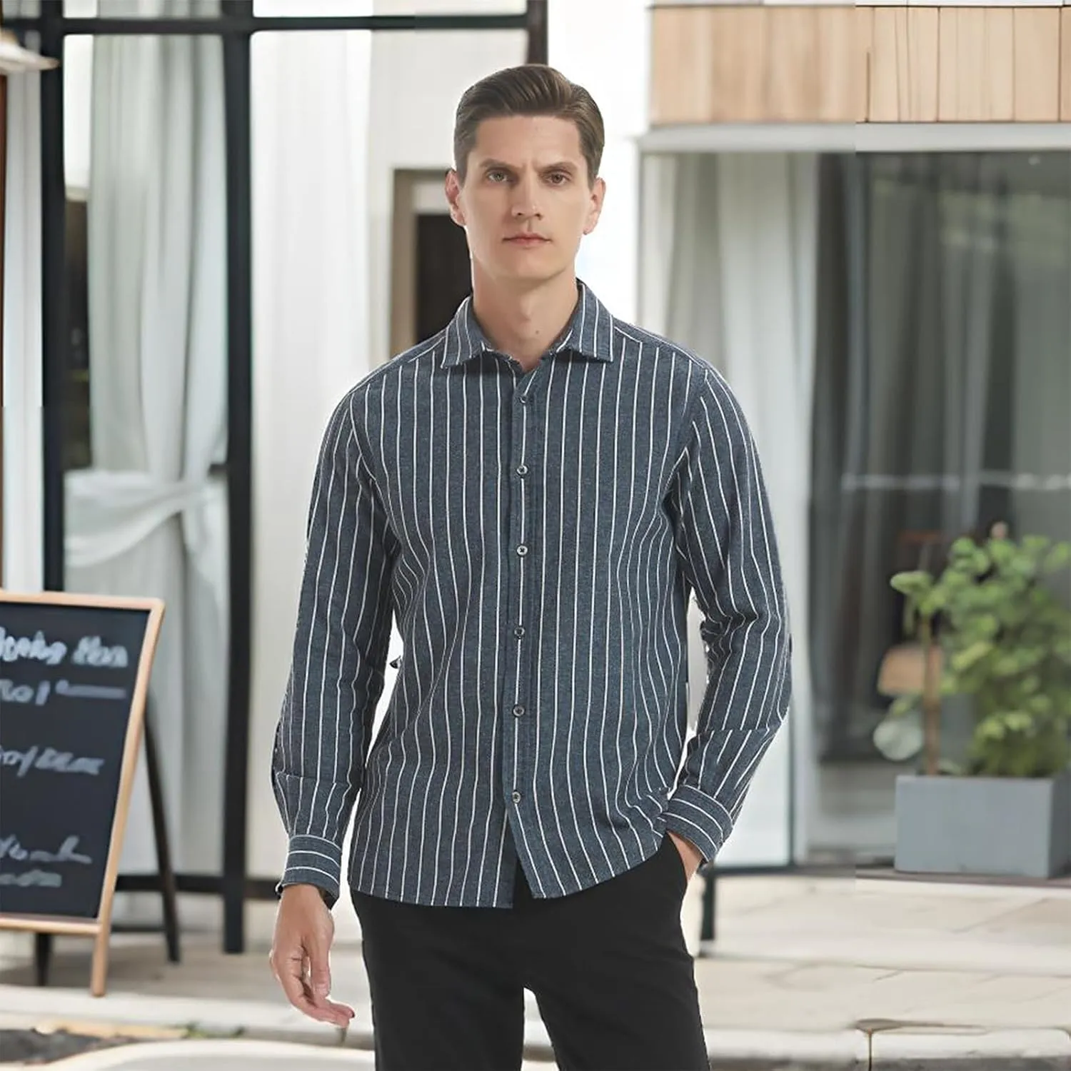 Long Sleeve Shirts for Men Striped Button Down Shirt Mens Casual Dress Shirts Cotton Linen Business Regular Fit Shirt