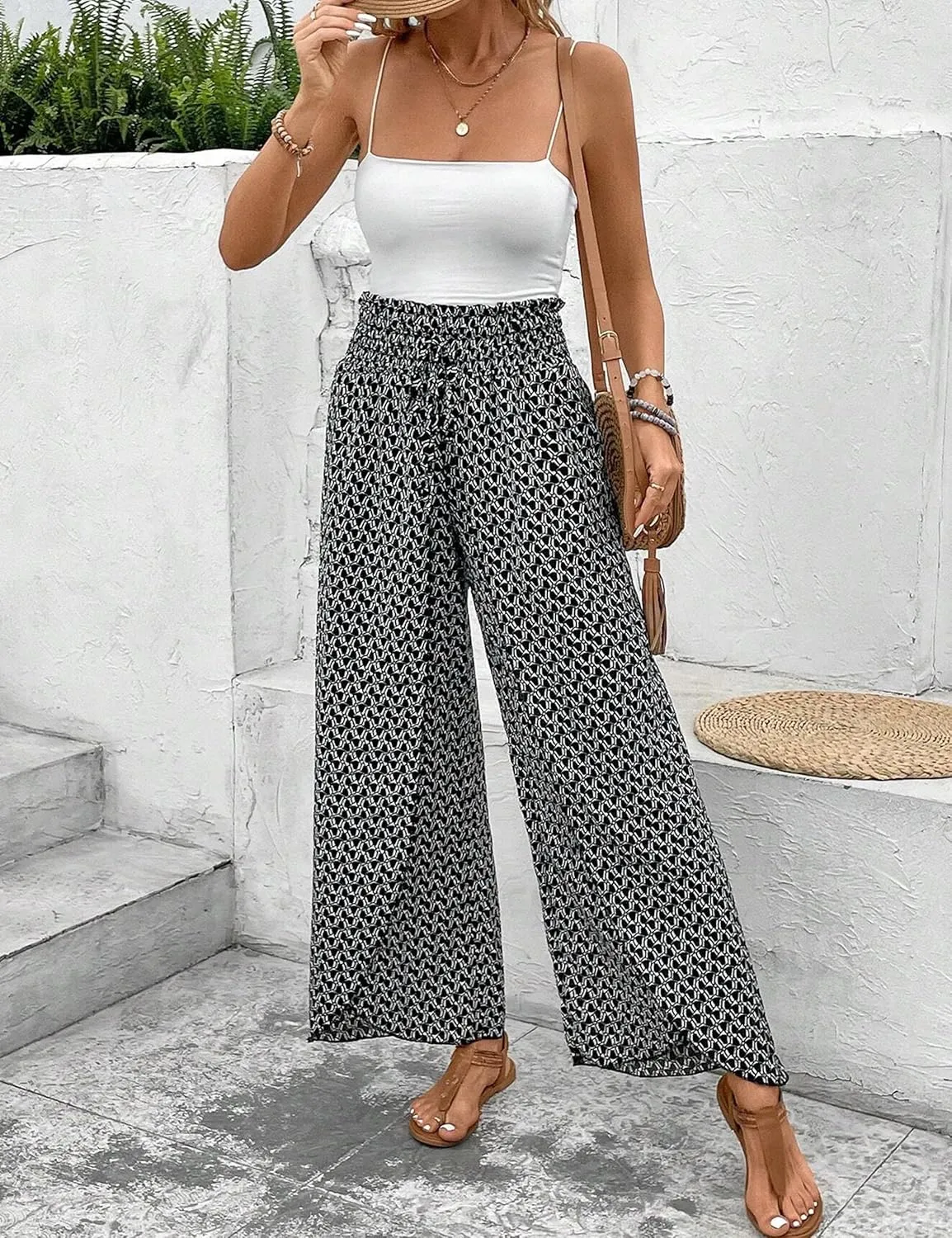 Mansy Women Casual High Waist Split Wide Leg Pants Summer Floral Long Palazzo Pants Lounge Beach Trousers