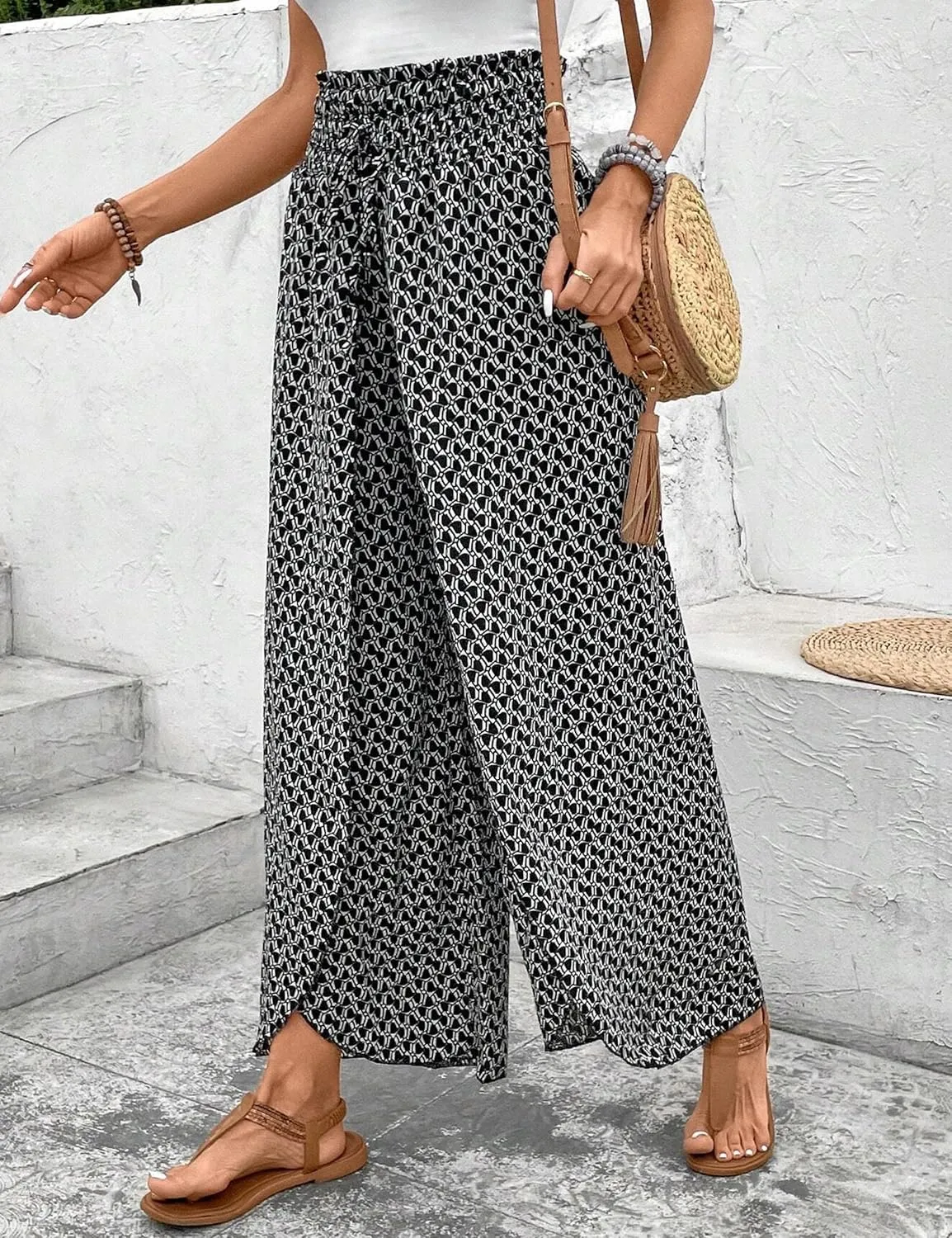 Mansy Women Casual High Waist Split Wide Leg Pants Summer Floral Long Palazzo Pants Lounge Beach Trousers