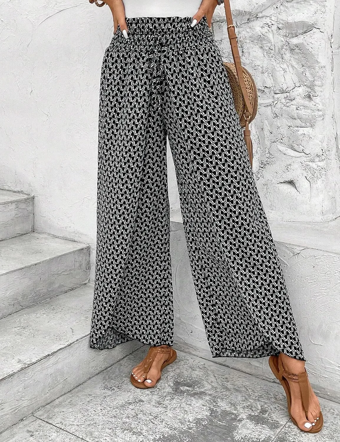 Mansy Women Casual High Waist Split Wide Leg Pants Summer Floral Long Palazzo Pants Lounge Beach Trousers