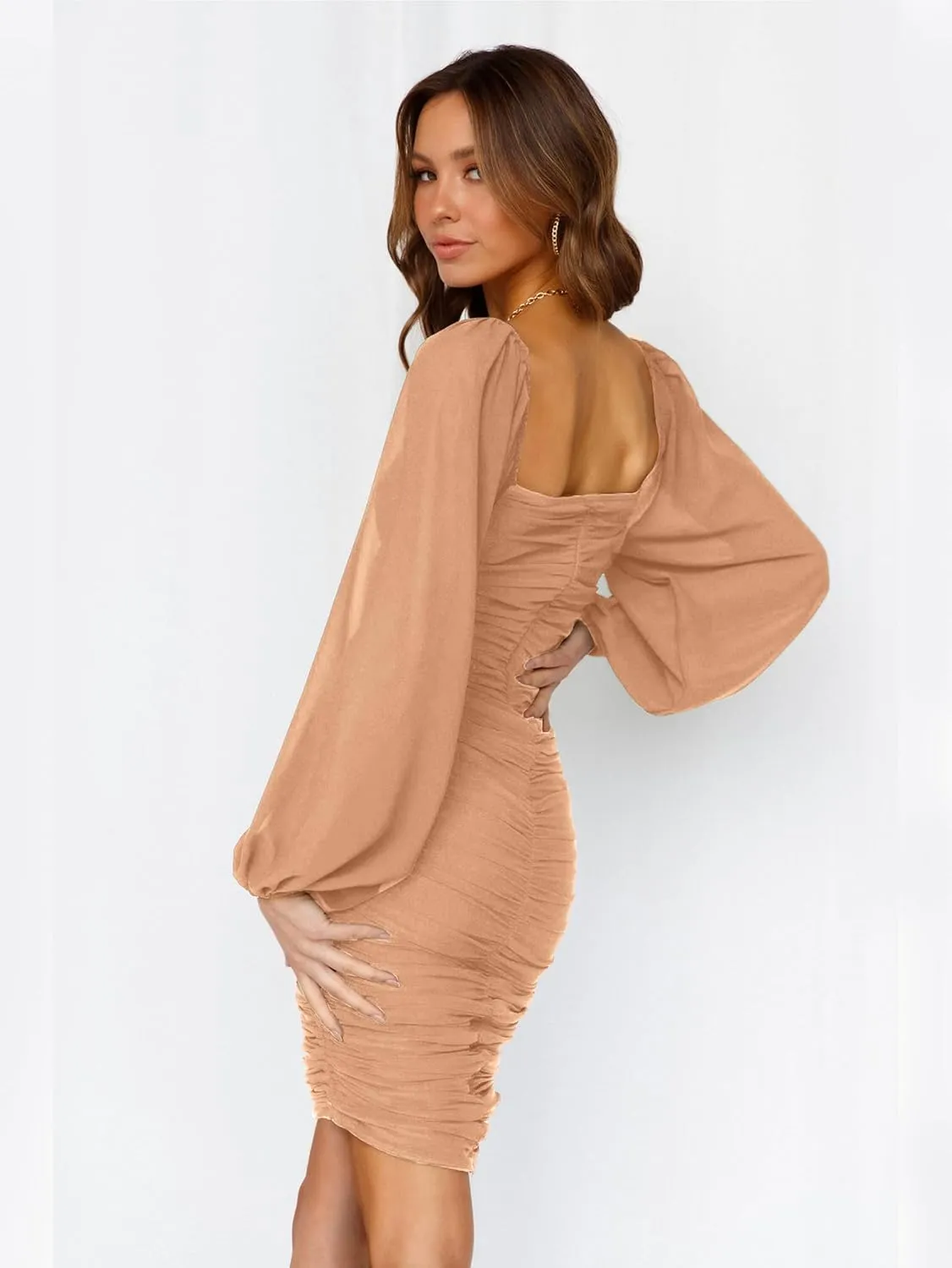 MASCOMODA Women Elegant Square Neck Lantern Long Sleeve Mini Ruched Bodycon Dress Stretch Mesh Slim Party Cocktail Dresses