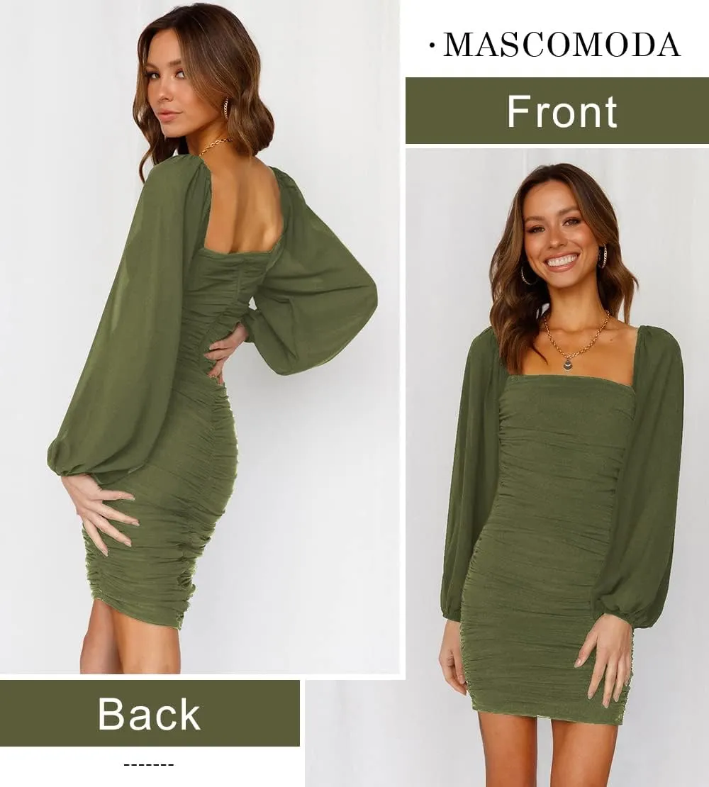 MASCOMODA Women Elegant Square Neck Lantern Long Sleeve Mini Ruched Bodycon Dress Stretch Mesh Slim Party Cocktail Dresses