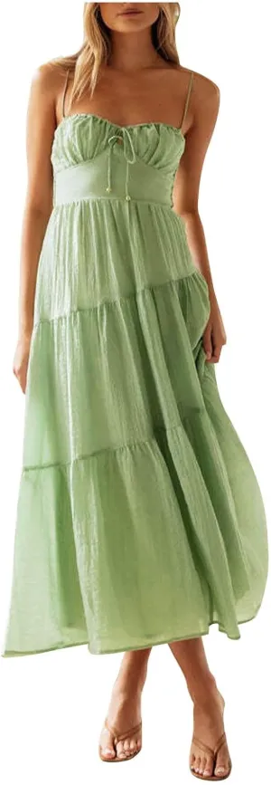 Maxi Dresses for Women 2025 Sexy Square Neck Halter Pleated Sundress Summer Casual Loose Flowy Boho Beach Long Dress