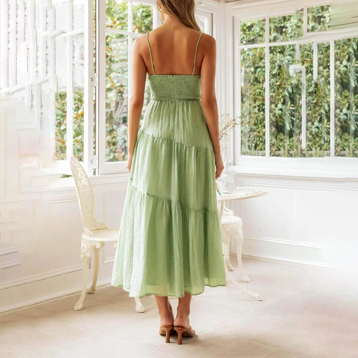 Maxi Dresses for Women 2025 Sexy Square Neck Halter Pleated Sundress Summer Casual Loose Flowy Boho Beach Long Dress