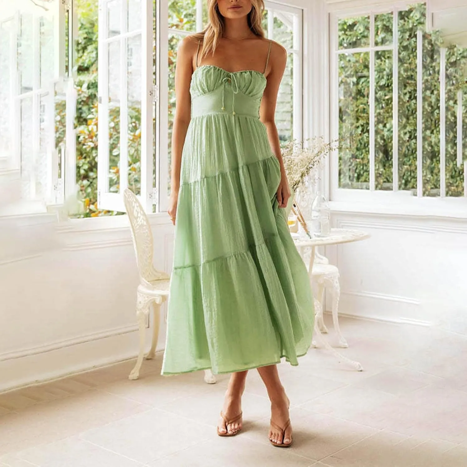 Maxi Dresses for Women 2025 Sexy Square Neck Halter Pleated Sundress Summer Casual Loose Flowy Boho Beach Long Dress