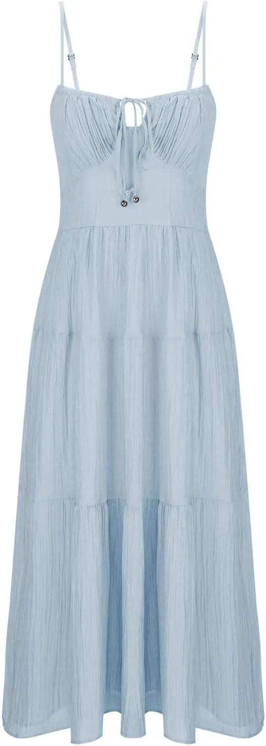 Maxi Dresses for Women 2025 Sexy Square Neck Halter Pleated Sundress Summer Casual Loose Flowy Boho Beach Long Dress