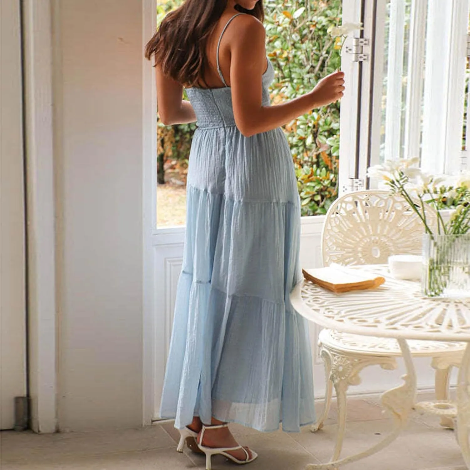 Maxi Dresses for Women 2025 Sexy Square Neck Halter Pleated Sundress Summer Casual Loose Flowy Boho Beach Long Dress