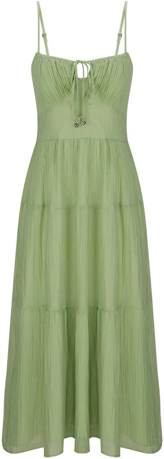 Maxi Dresses for Women 2025 Sexy Square Neck Halter Pleated Sundress Summer Casual Loose Flowy Boho Beach Long Dress