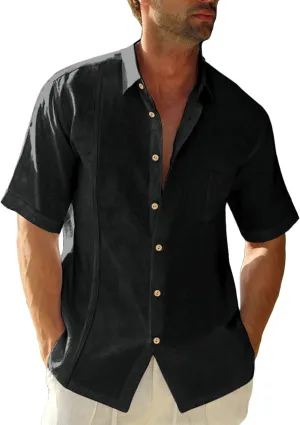 Mens Beach Linen Shirts Short Sleeve Cuban Button Down Casual Summer T Shirt Guayabera Hawaiian Tee Loose Fit Tops
