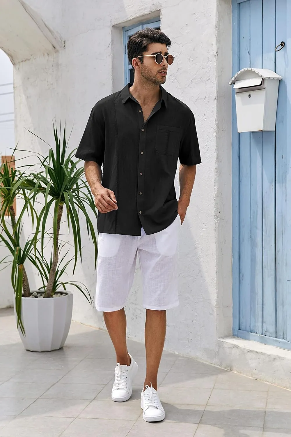 Mens Beach Linen Shirts Short Sleeve Cuban Button Down Casual Summer T Shirt Guayabera Hawaiian Tee Loose Fit Tops