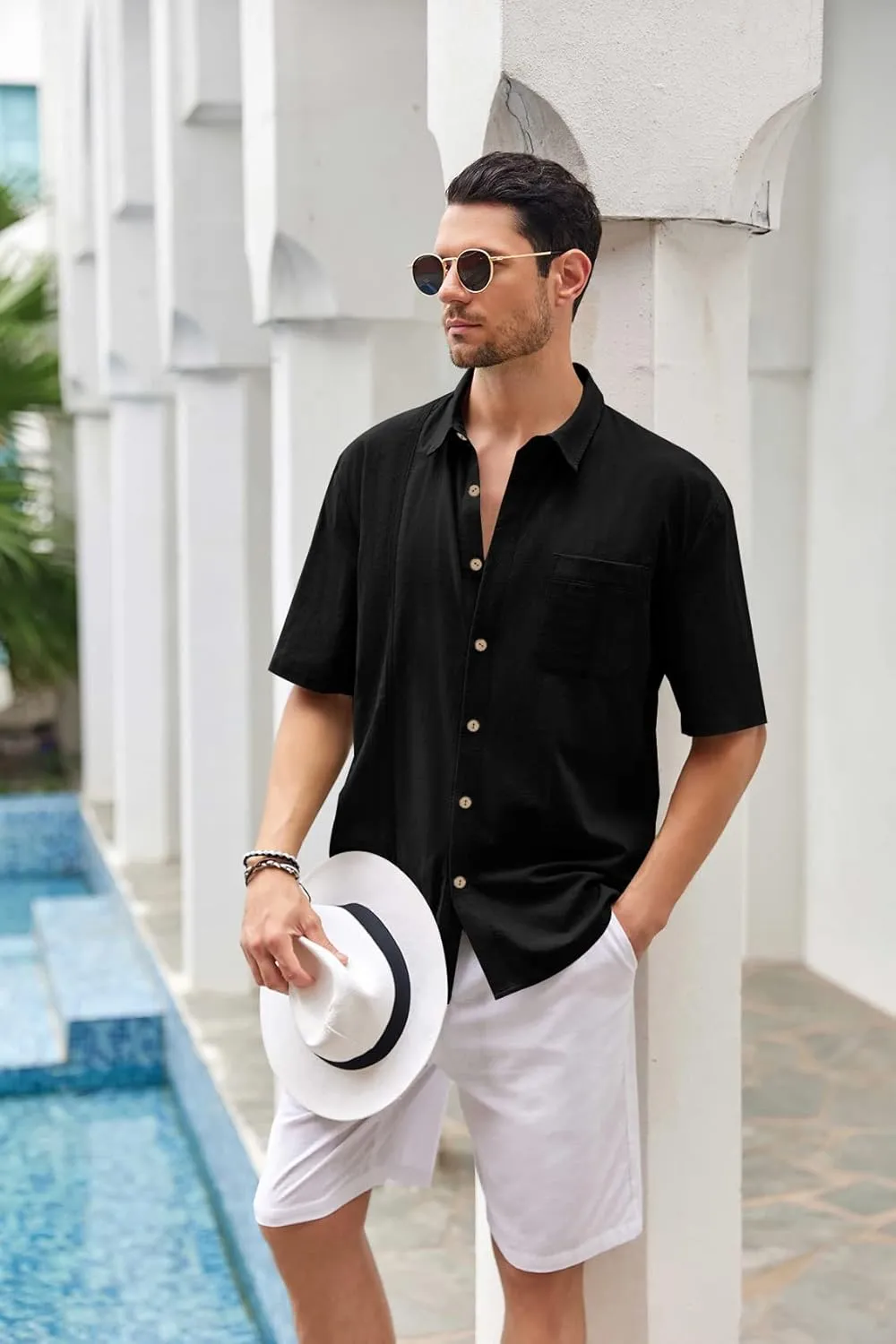 Mens Beach Linen Shirts Short Sleeve Cuban Button Down Casual Summer T Shirt Guayabera Hawaiian Tee Loose Fit Tops