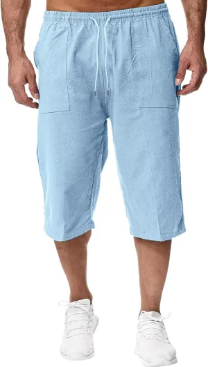 Men's Beach Long Shorts Below Knee Pocketed Joggers Loose Fit 3/4 Summer Cropped Trousers Drawstring Elastic Waist Capri Pant