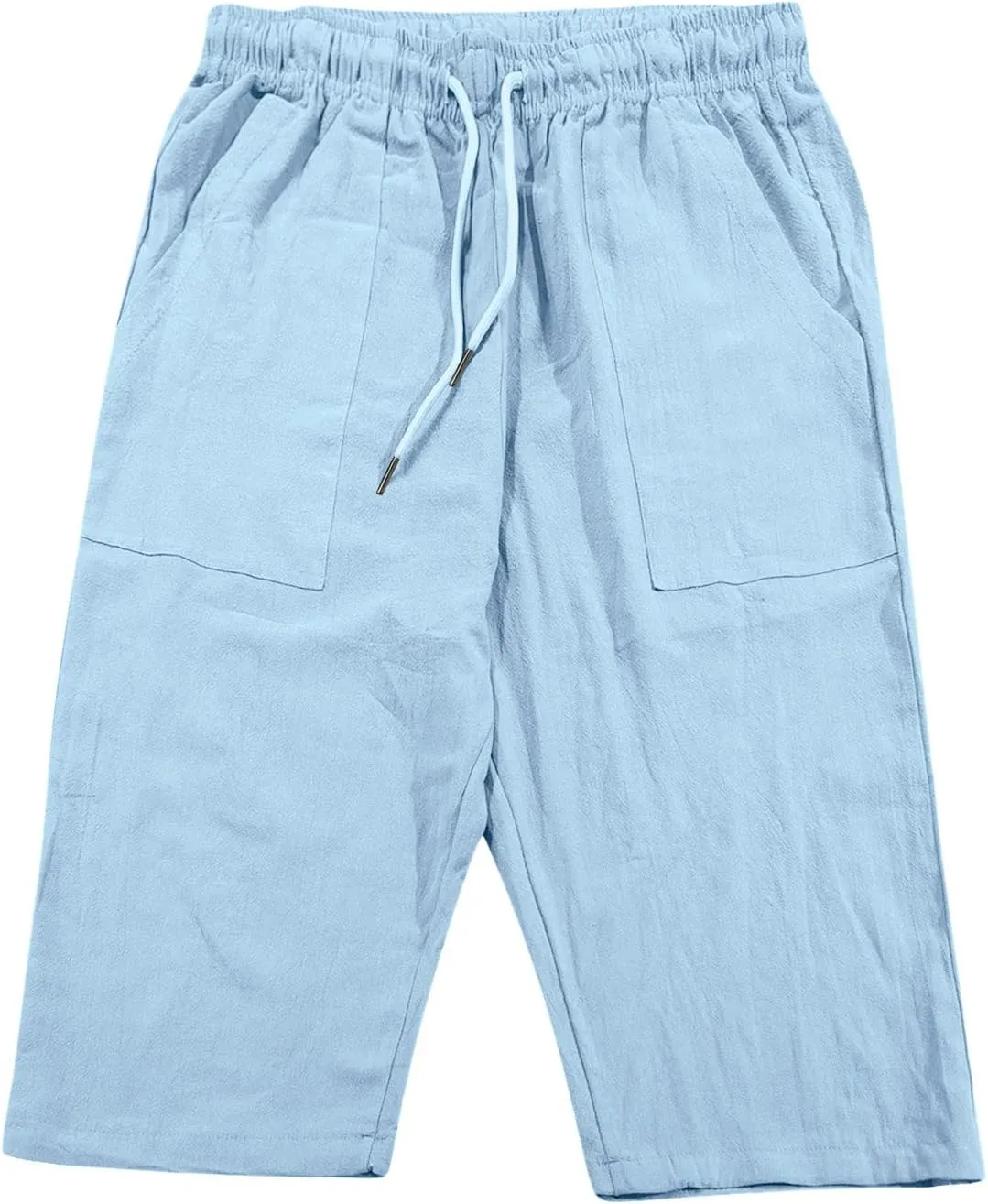 Men's Beach Long Shorts Below Knee Pocketed Joggers Loose Fit 3/4 Summer Cropped Trousers Drawstring Elastic Waist Capri Pant