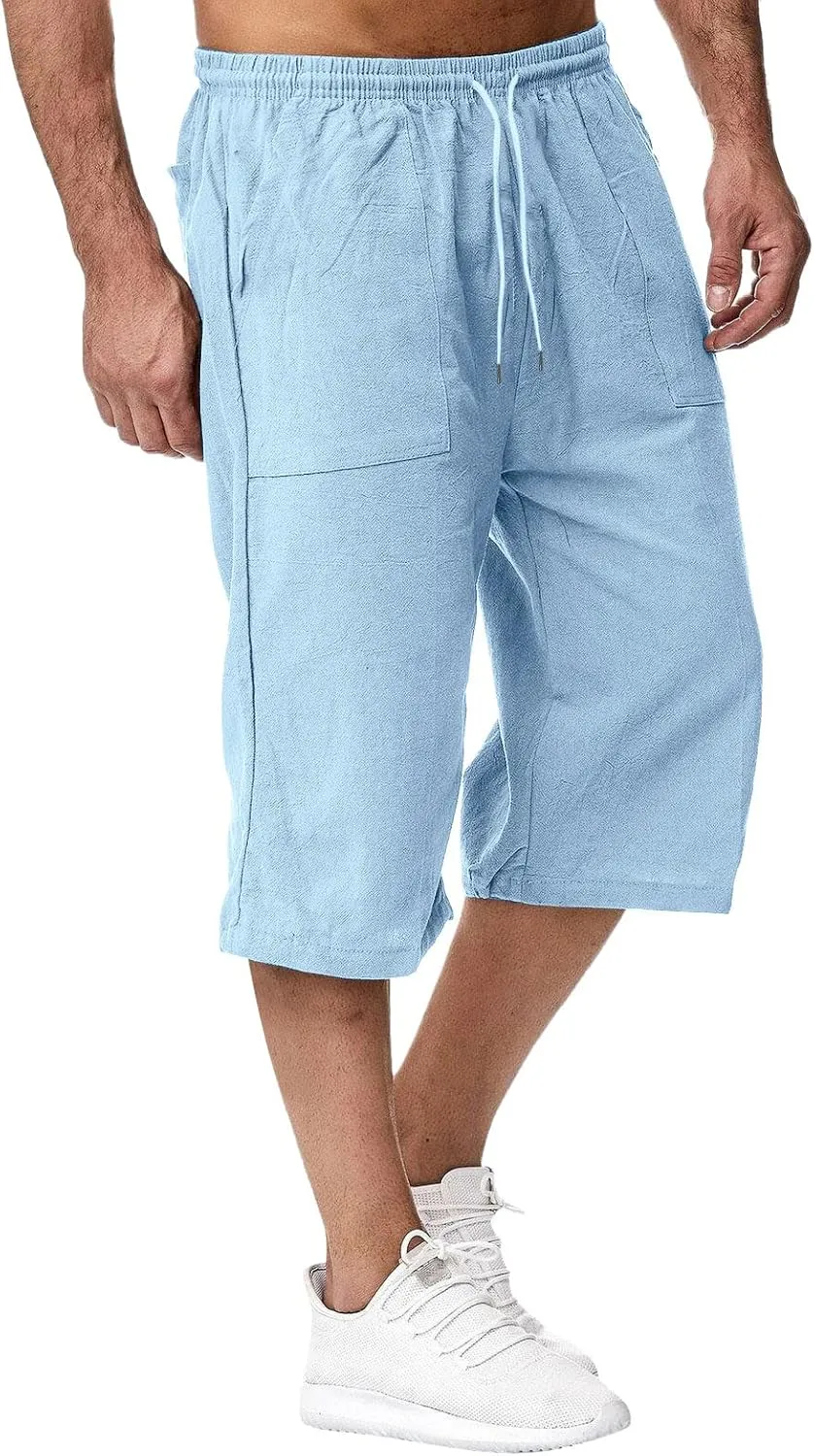 Men's Beach Long Shorts Below Knee Pocketed Joggers Loose Fit 3/4 Summer Cropped Trousers Drawstring Elastic Waist Capri Pant