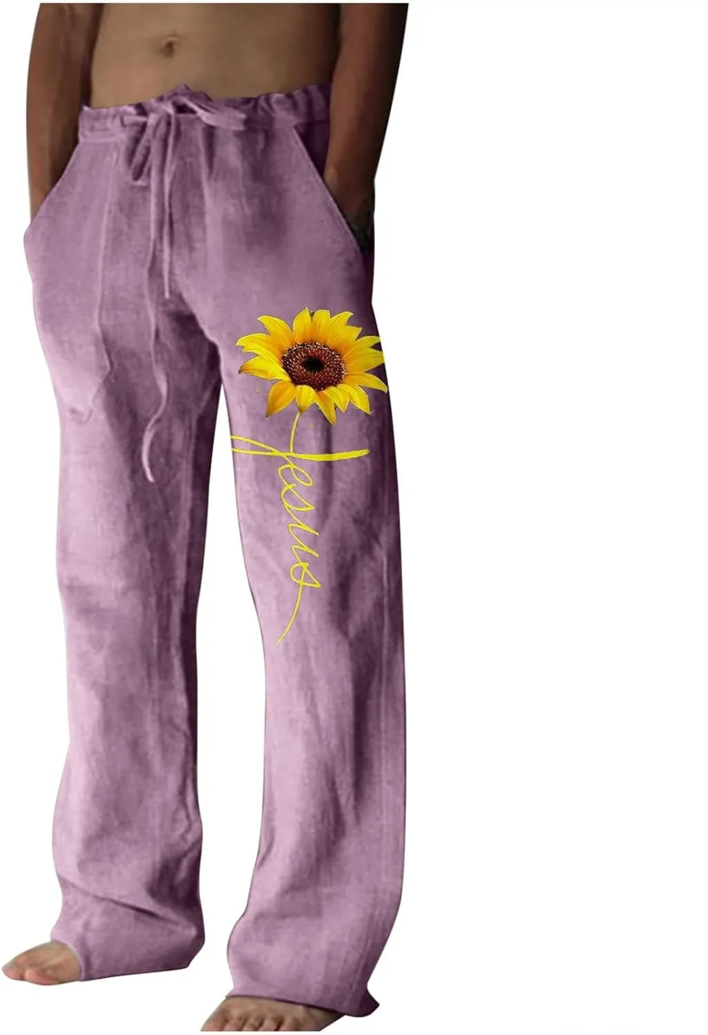 Mens Boxer Briefs Leather Pants for Women Casual Wide Leg Pants for Men Sunflower Print Drawstring Elastic Waist Pull On Trousers Lightweight Summer Beach Lounge Pants(Pink,Large)
