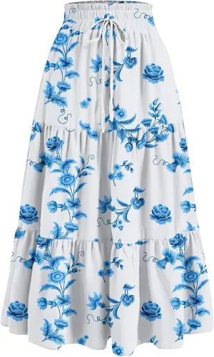 Midi Skirts for Women - High Waist Pleated Bohemian A-Line Ruffle Skirt for Casual Outings
