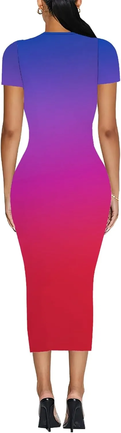Plus Size Dress for Women Summer Casual Short Sleeve Midi Club Party Fitted Tight Dresses Basic Pencil Midi Bodycon Dress