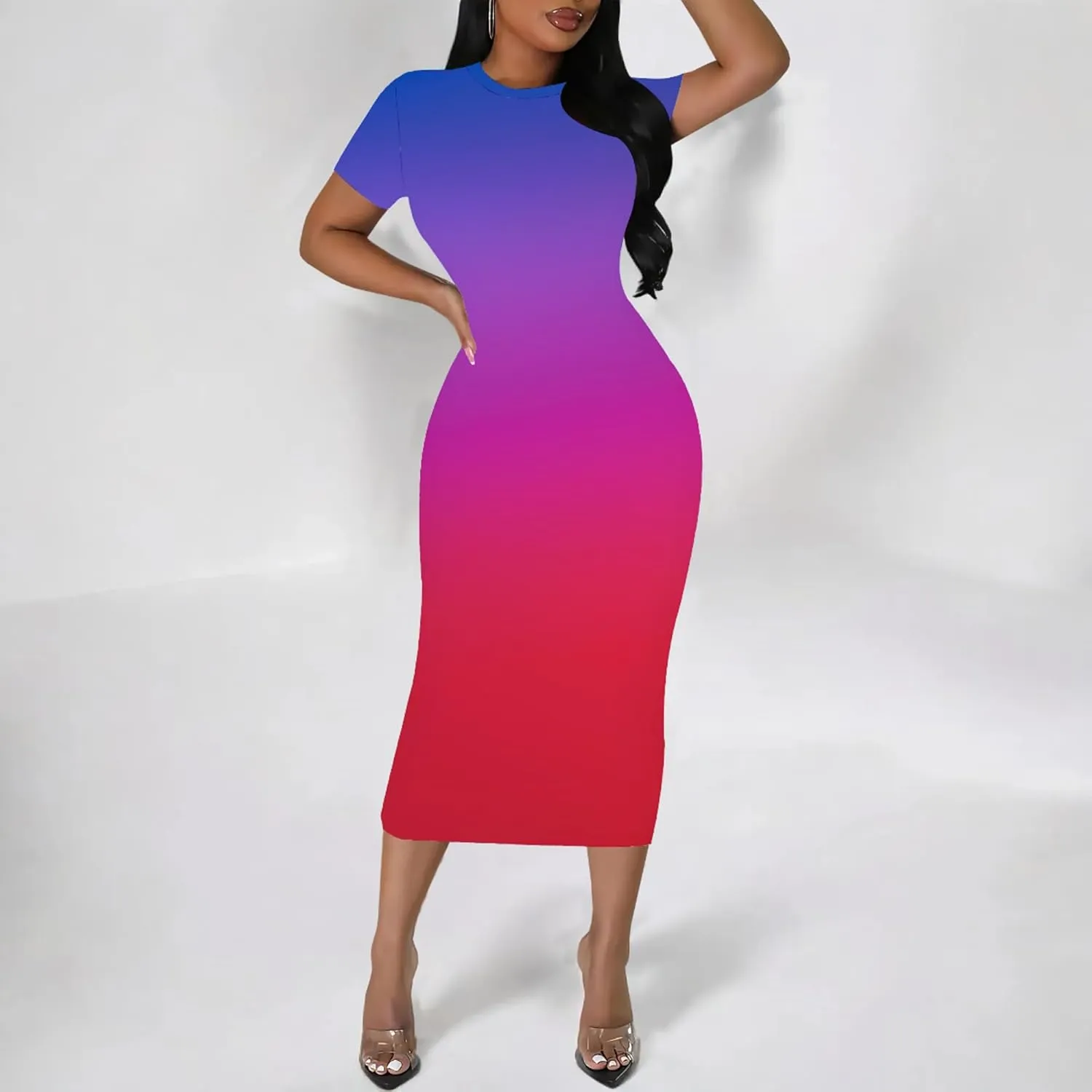 Plus Size Dress for Women Summer Casual Short Sleeve Midi Club Party Fitted Tight Dresses Basic Pencil Midi Bodycon Dress