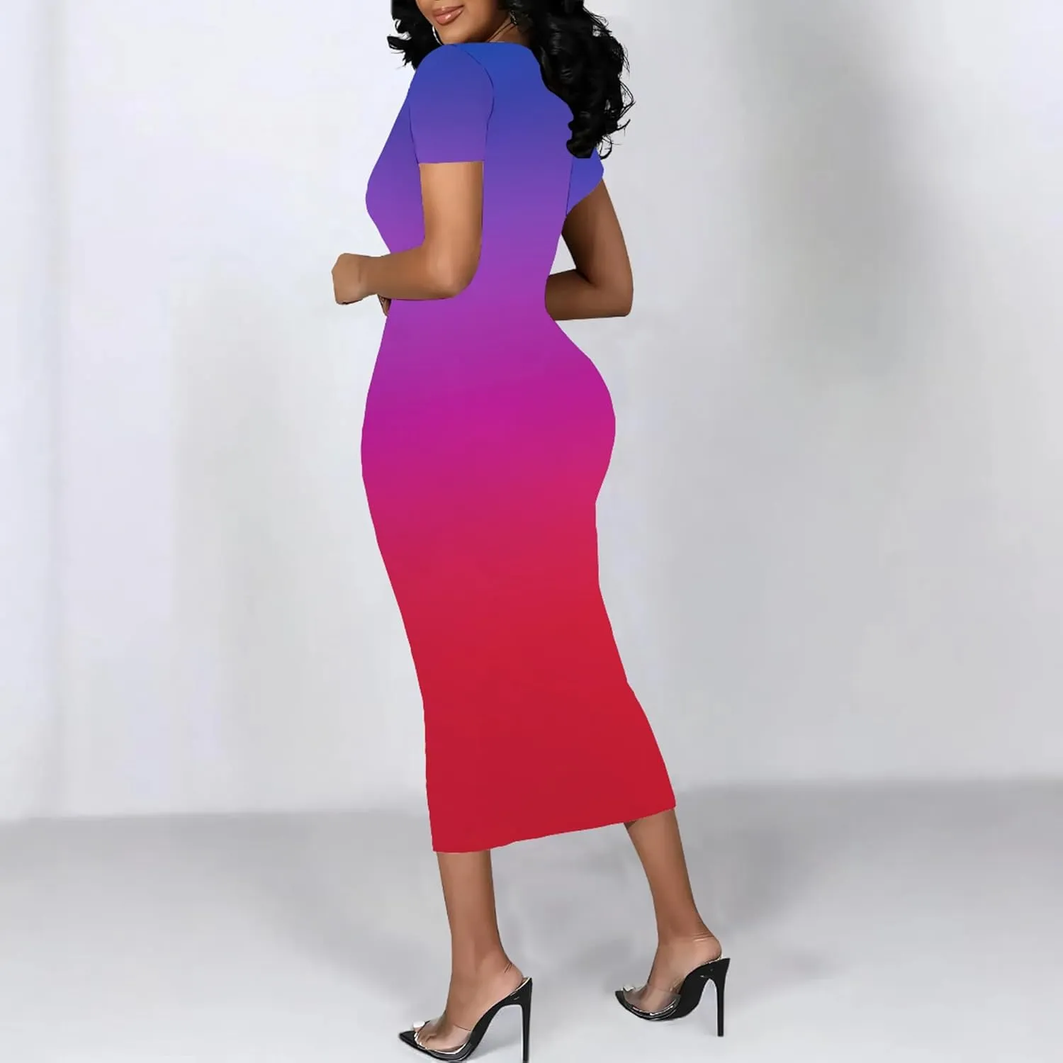 Plus Size Dress for Women Summer Casual Short Sleeve Midi Club Party Fitted Tight Dresses Basic Pencil Midi Bodycon Dress