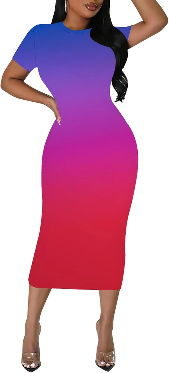 Plus Size Dress for Women Summer Casual Short Sleeve Midi Club Party Fitted Tight Dresses Basic Pencil Midi Bodycon Dress