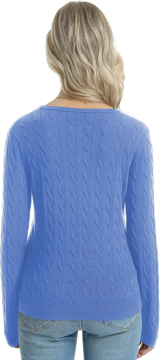 QUALFORT Women's 100% Cotton V Neck Cable Knit Pullover Sweaters