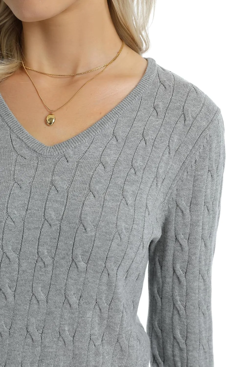QUALFORT Women's 100% Cotton V Neck Cable Knit Pullover Sweaters